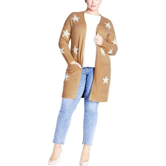 Evans Sweaters - NEW EVANS Starry Camel Star Print Longline Open Front Cardigan Plus Size 20